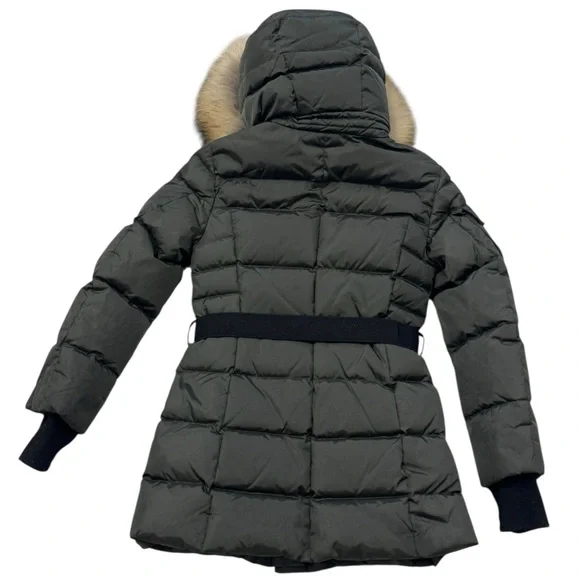 SAM.***Long Olive Green Belt Puffer Jacket Hooded w/Fur Trim***Size 10 $495 EUC - Picture 5 of 9